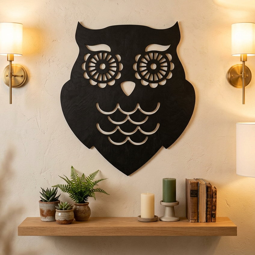 Black wooden owl wall art with white cutout details, shown against a plain white background.