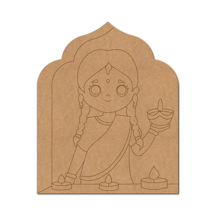 Girl With Diya Pre Marked Base MDF Design 1