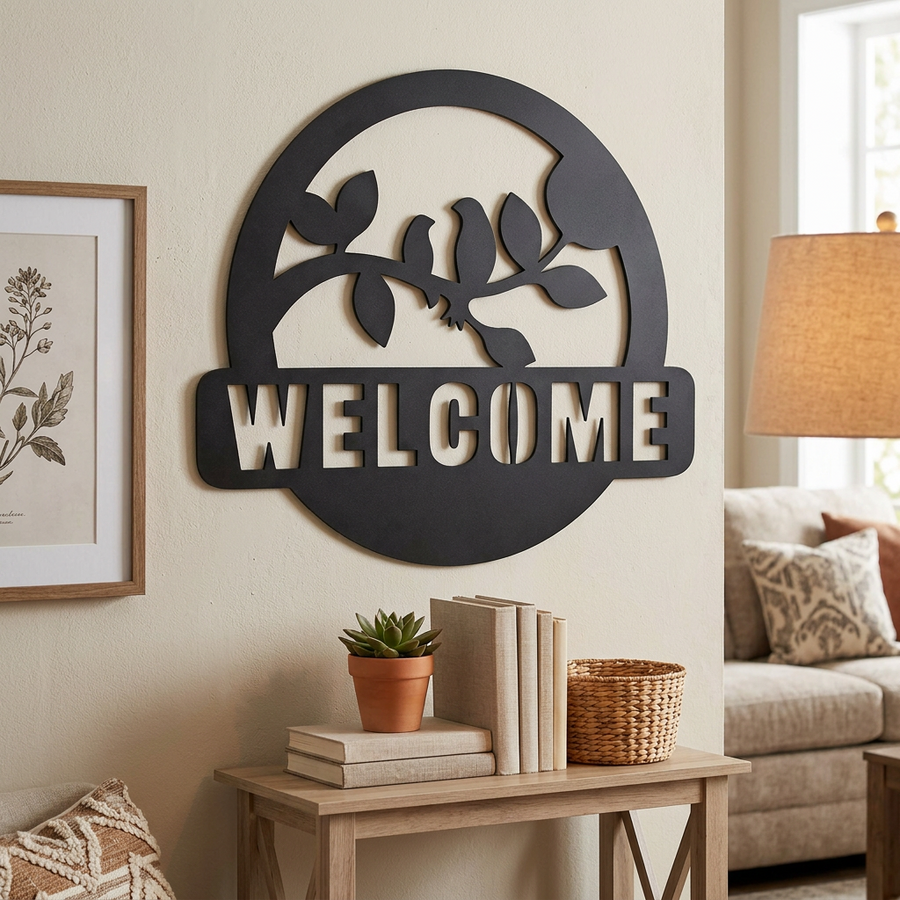 Matte Black Leafy Welcome Plaque