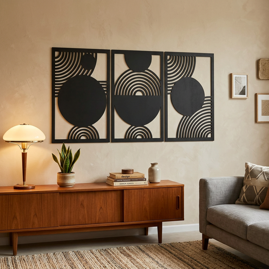 Modern Black Geometric Triptych