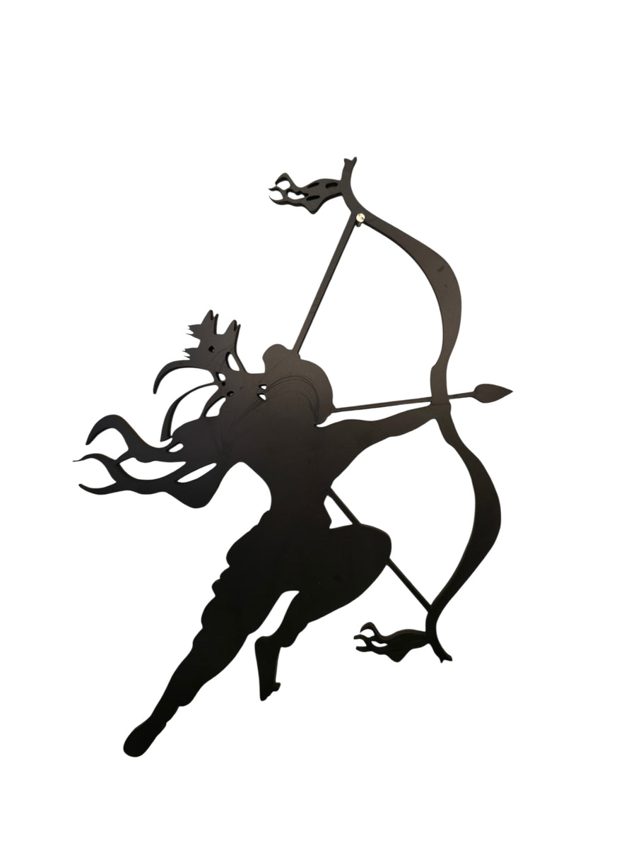 Teak Tale Lord Rama laser-cut black MDF wood wall art silhouette featuring a bow and arrow design