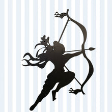 Teak Tale Lord Rama wall art featuring a black laser-cut MDF wood silhouette of the deity holding a bow and arrow.