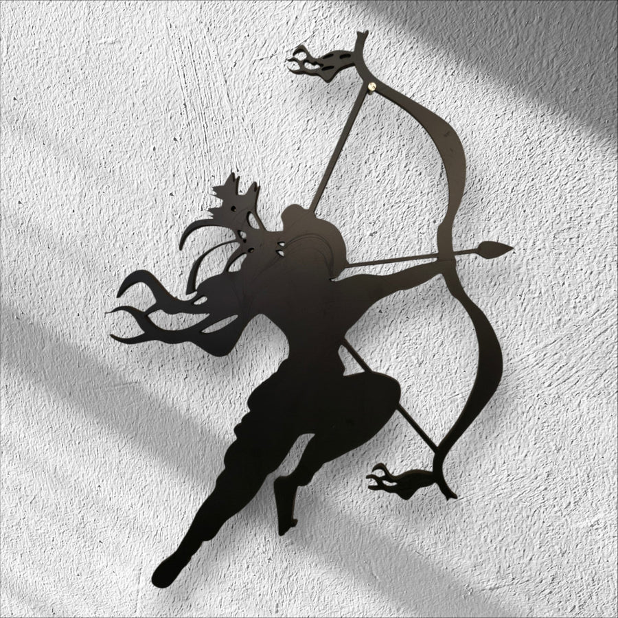 Teak Tale Lord Rama wall art featuring a black laser-cut MDF wood silhouette of the deity holding a bow and arrow.